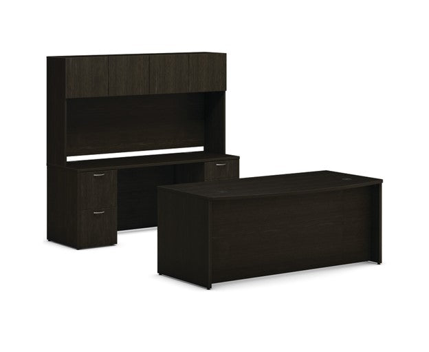 HON Mod Executive Station, featuring a 72"W x 36"D Bow Front Desk, 72"W Credenza, and matching Hutch