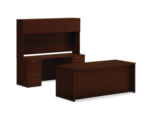 HON Mod Executive Station, featuring a 72"W x 36"D Bow Front Desk, 72"W Credenza, and matching Hutch