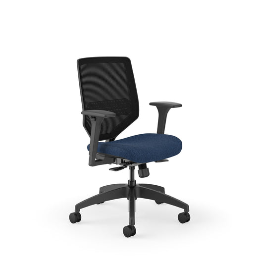 HON Solve Mid-Back Office Chair | Black 4-way stretch Mesh Back | Adjustable Lumbar Support | Adjustable Arms | Easy Assembly | Black Frame | Navy Seat Fabric