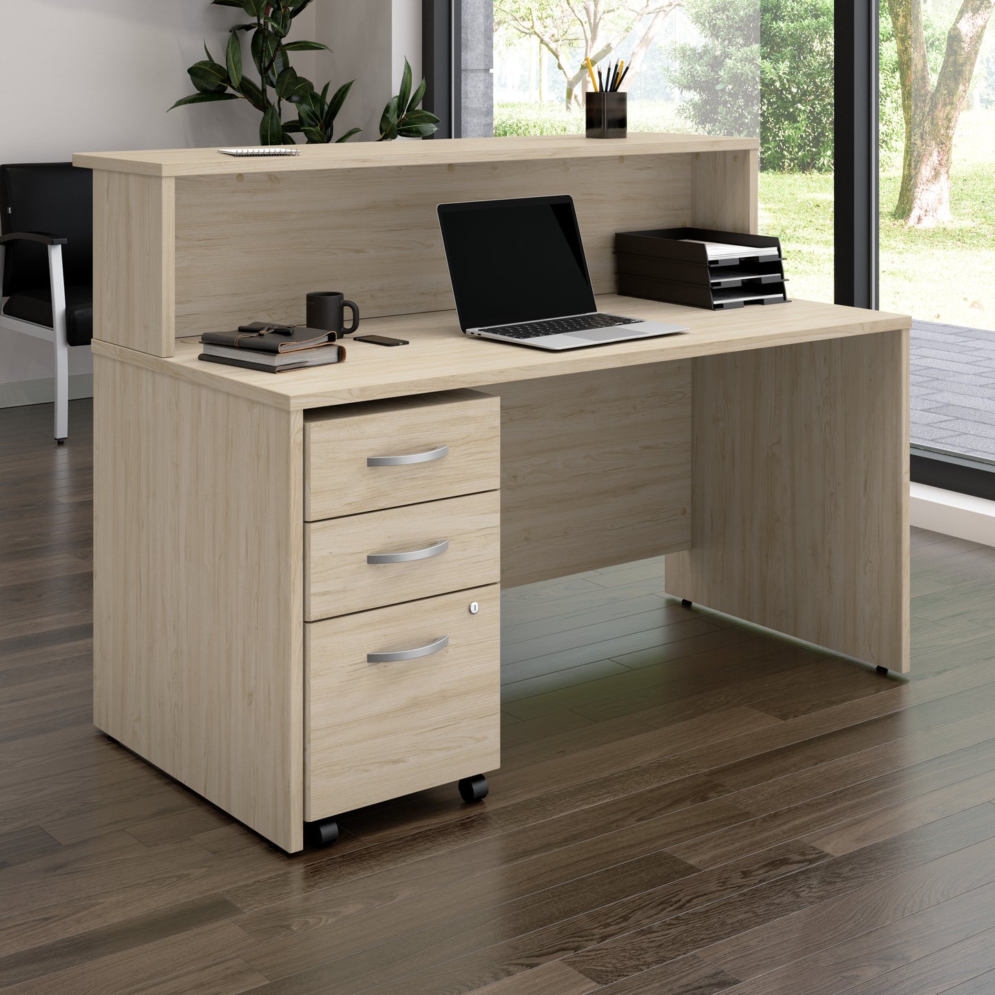 Bush Business Furniture Arrive 60W x 30D Reception Desk with Shelf and Mobile File Cabinet