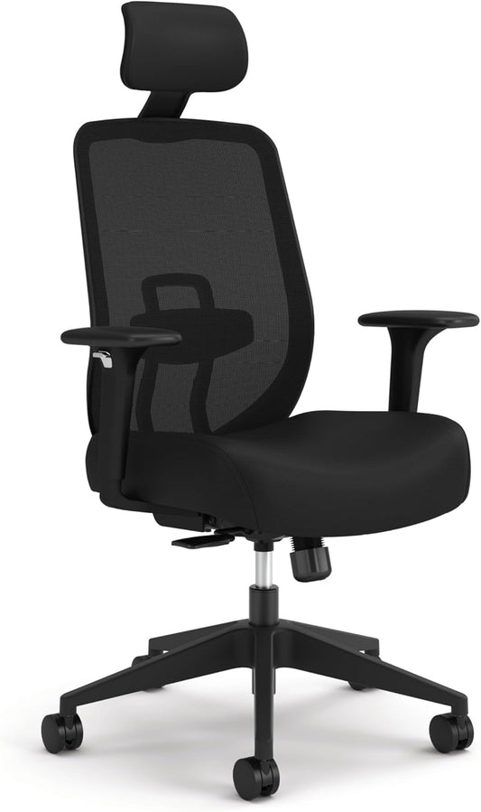 HON Altern Ergonomic Office Chair with Headrest - 3.5 Inch Thick Foam Cushion Seat Mid Back Mesh Desk Chair - Adjustable Lumbar Support, Arms, Synchro-Tilt Tension, Seat-Slide Controls - Black