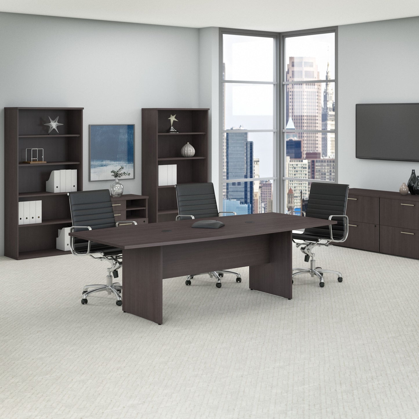 Bush Business Furniture 96W x 42D Boat Shaped Conference Table with Wood Base