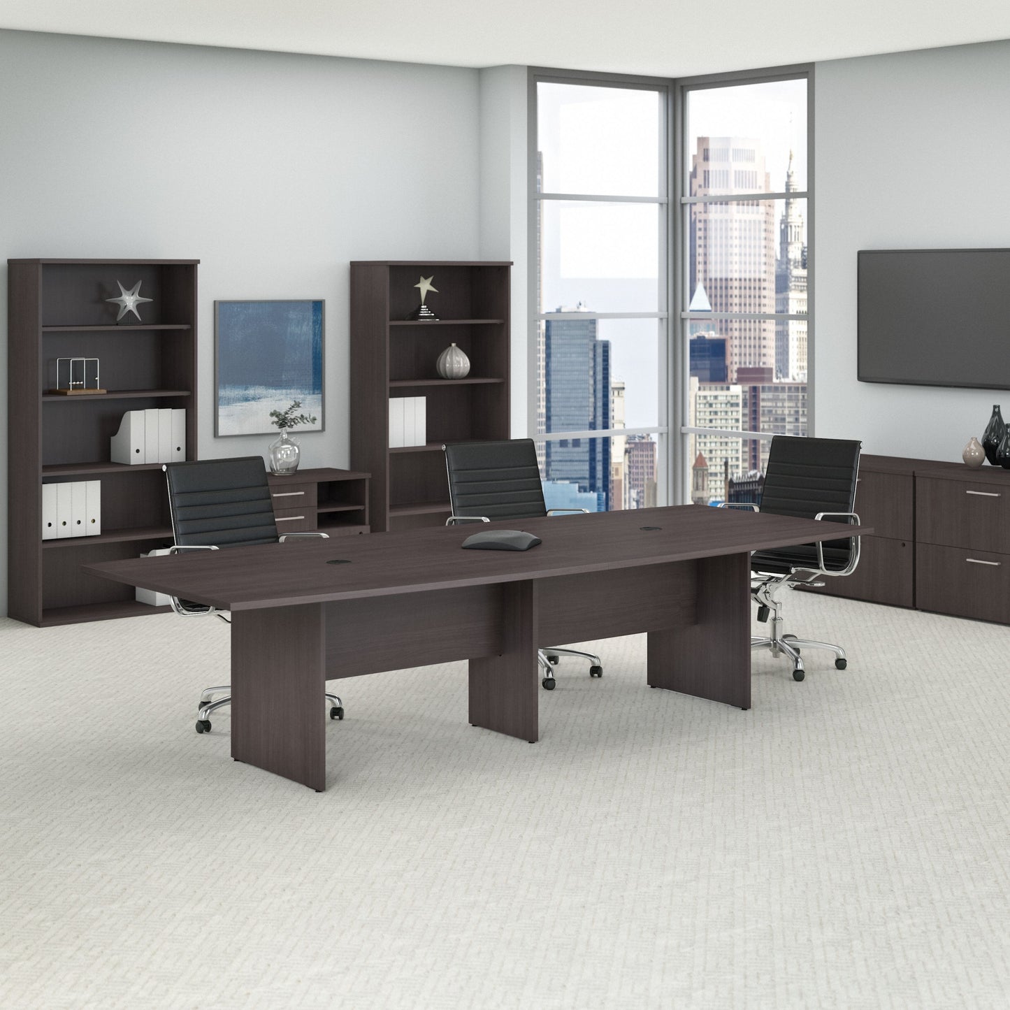 Bush Business Furniture 120W x 48D Boat Shaped Conference Table with Wood Base