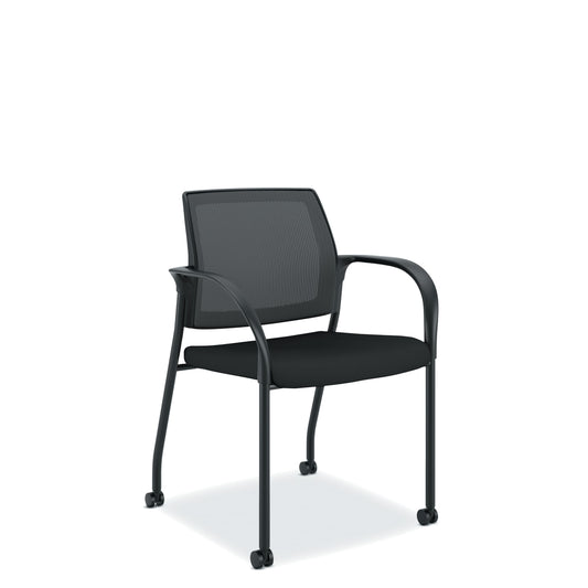 HON Ignition Multi-Purpose Stacking Chair | 4-Leg | Fixed Arms | All Surface Casters | Black 4-way stretch Mesh Back | Black Seat Fabric | Black Frame