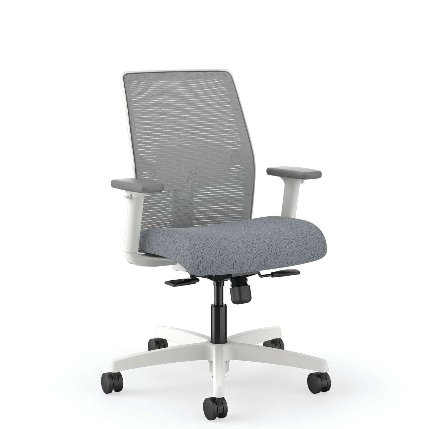 HON Ignition 4 Way-Stretch Mesh Back Task Chair/Synchro-Tilt Control w/ Seat Slider/Hgt & Width-Adj Arms/Adj Lumbar/Fog Mesh Back/Basalt Seat Fabric/White Frame