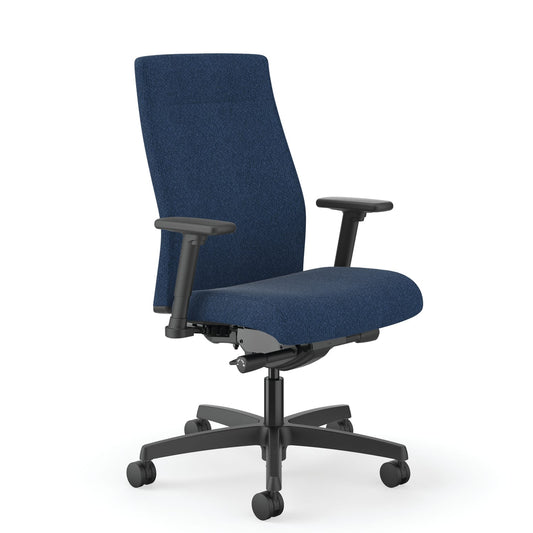 HON Ignition Mid-Back Task Chair | Easy Assembly | Advanced Synchro-Tilt Control | Hard Casters | Height- and Width-Adjustable Arms | Black Frame | Navy Fabric