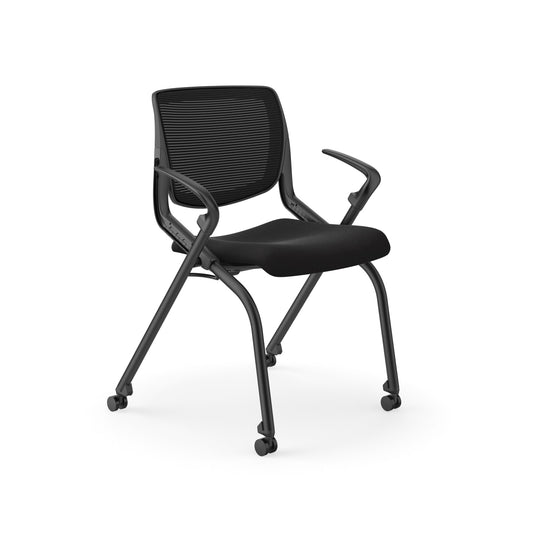 HON Motivate Nesting Stacking Chair | Black 4-way Stretch Back | Fixed Arms | Soft Casters | Onyx Shell | Black Frame | Black Fabric