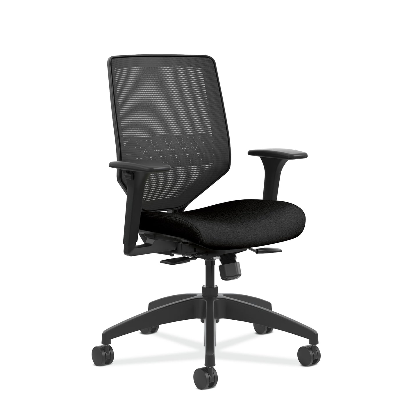 HON Solve Mid-Back Office Chair | Black 4-way stretch Mesh Back | Adjustable Lumbar Support | Adjustable Arms | Black Frame | Black Seat Fabric