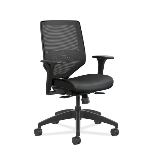 HON Solve Mid-Back Office Chair | Black 4-way stretch Mesh Back | Adjustable Lumbar Support | Adjustable Arms | Easy Assembly | Black Frame | Black Vinyl Seat