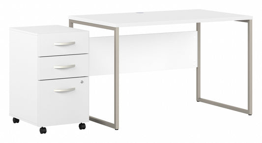Bush Business Furniture Hybrid 48W x 30D Computer Table Desk with 3 Drawer Mobile File Cabinet in White